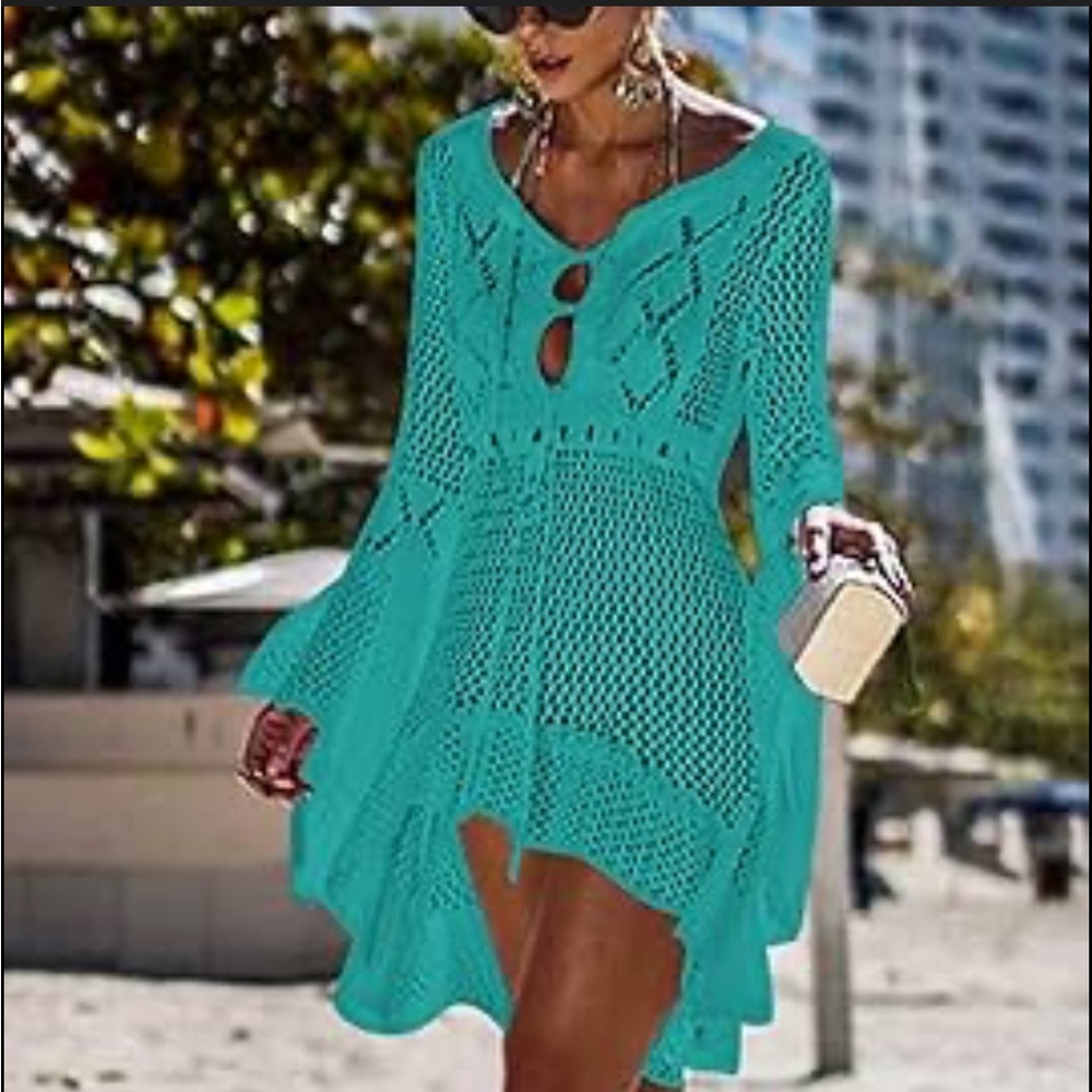 RanRui Women Swimsuit Cover Up Crochet  Bell Sleeve Tunic Dress Size One Size